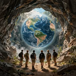 Explorers discovering a new world by coming out of a cave, hyperdetailed, artstation, cgsociety, by greg rutkowski, by Gustave Dore