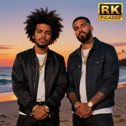 the weeknd and drake by picasso, digital art, classical painting, sharp focus, sunset beach, 4 k, neon
