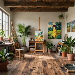 a stylish artist studio interior, old wood floors, potted plants, painting by Craig Mullins, octane rendering, soft morning lighting, wide angle lens, low view, in the style of Hayao Miyazaki, trending on artstation,