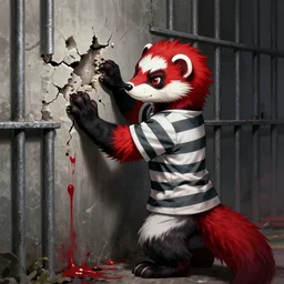 a red - and - black weasel - ferret - stoat fursona / furry ( from the furry fandom ) dressed in prisoner's regalia, scratching and chiseling on a prison cell wall creating cracks and impressions, embraced by blessed madness, as paint flows through the nooks and crannies of the partition, the art style of paul lehr and joe jusko gone dark