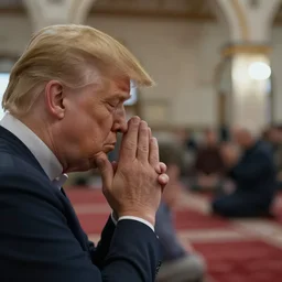 Trump praying in mosque, award winning cinematic photography, 50 mm, blurred background, trending on Shutterstock, perfect faces