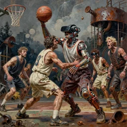 junky playing basketball, cybertronic gadgets and vr helmet, flesh + technology, durty colours, rotten textures, rusty shapes, ralph meyer, biotechnology, norman rockwell, tim hildebrandt, viktor safonkin, dariusz zawadzki, bruce pennington, larry elmore, intricate details, hyperrealistic oil painting on canvas, deep depth field