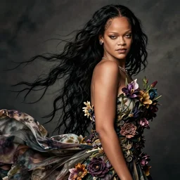 portrait of Rihanna as a young pretty woman in flowing dress, arrogant, mysterious, long fine flowing hair, delicate, looking at camera, realistic face, intricate, stylish, elegant, grimdark, flowers, extremely detailed photograph by Martine Johanna and Ernst Haeckel and Greg Rutkowski