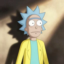 Head and shoulders studio photograph of Rick Sanchez from Rick & Morty, taken by Annie Leibovitz