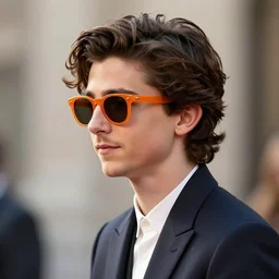 Timothee Chalamet in A WRINKLE IN TIME, portait photo, profile picture, hyperrealistic, concept art, orange sunglasses, day time, octane render, unreal engine 5, digital art, high quality, highly detailed, 8K, cute, defined face, elegant clothes, trending on DeviantArt