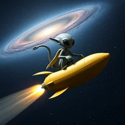 grey alien riding a banana rocketship through space, andromeda galaxy, volumetric lighting, featured on artstation, featured on pixiv, featured on deviantart