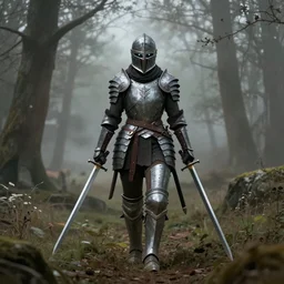 a matte painting of a female warrior wearing with her eyes glowing through the helmet wearing battle worn armor wielding twin swords walking in the forest plains of north yorkshire, misty forest, good value control, concept art, digital painting, sharp focus, symmetrical, segmented armor, single character full body, 4k, illustration, rule of thirds, centered, moody colors, moody lighting, atmospheric