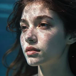 close - up portrait of beautiful young woman underwater, art by paolo roversi