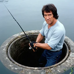 a realistic photograph from the 80's of chuck norris fishing in a sewer.