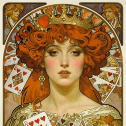 realistic detailed face portrait of the Queen of Hearts by Alphonse Mucha, Ayami Kojima, Amano, Charlie Bowater, Karol Bak, Greg Hildebrandt, Jean Delville, and Mark Brooks, Art Nouveau, Neo-Gothic, gothic, playing card suit hearts, playing cards, rich deep moody colors