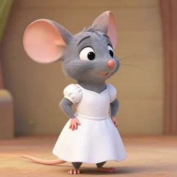 an anthropomorphic mouse female in a white dress, in the style of zootopia