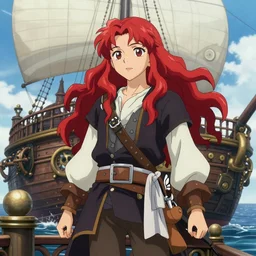 sky-pirate with long red hair in front of a steampunk airship, vinland saga, anime style