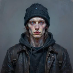 portrait of a starving ai artist, detailed clothing, beanie, concept art, artstation, detailed luminescent oil painting by alan lee and artgerm