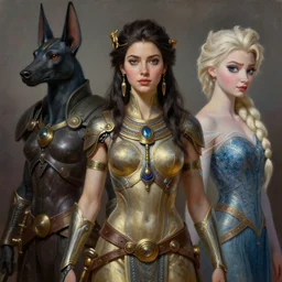 portrait oils, beautiful female hybrid cyborg atlantean anubis hada elsa jean alien warrior, regal, realistic, refined, detailed, digital art, jessica rossier, michael cheval, esao andrews, steampunk, walt disney, francois boucher, oil painting, highly detailed, cinematic lighting, unreal, natural tpose