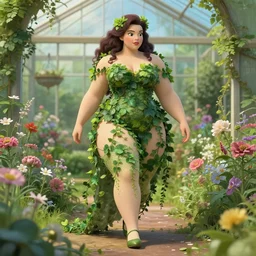 a stunning 3 d render of a thicc and voluptuous aerial dressed as a beautiful poison ivy walking through a flowering garden, greenhouse in the background, intricate, elegant, highly detailed, digital painting, artstation, in the style of disney and hayao miyazaki, ultra sharp focus, octane render, volumetric lighting, art by greg rutkowski and alphonse mucha