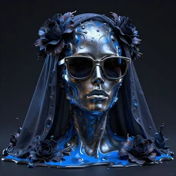 a head made out of melting metal, dark palette, it is wearing sunglasses and and a veil, there are flowers all around it, blue paint melting, vogue cover style, demonic style, smooth fractal style, ethereal fantasy style, 3 d perfect render style, horror style, hell style