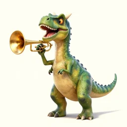 a dinosaur with trombones for arms and horns