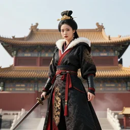 the queen dressed as a ninja on top of a Imperial palace, 4k, photorealistic, hyper detailed
