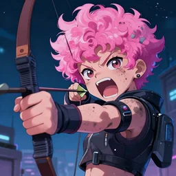 close up, posing pointing with an arrow bow and screaming with fury, a grungy cyberpunk anime, very cute, by super ss, curly pink hair, night sky by wlop, james jean, victo ngai, highly detailed