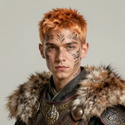 portrait painting of an elven young man with short light orange hair and tribal tattoos on his face wearing fur armor, sharp focus, award - winning, trending on artstation, masterpiece, highly detailed, intricate. art by james ryman