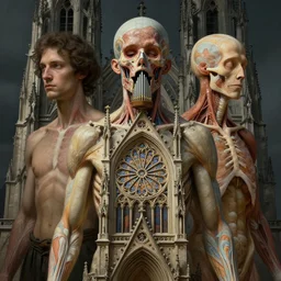 human upper body morphs together with a gothic cathedral with rose window in the chest, church organ in the throat, dome in the head, anatomically correct medical photography, moody, highly detailed digital painting, artstation, rule of thirds, sharp focus, art by raphael, h. r. giger and ernst haeckel, alphonse mucha, francois schuiten - h 6 4