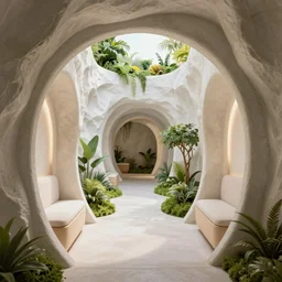 arc hallway for secret overwatch habitation quarters carved inside a cave surrounding a lush garden, trimmed, sheltered, magical, natural light, clean lines, cozy, fantasy, minimalist architecture, sharp focus, concept art, by greg rutkowski and craig mullins,, octane render 8 k