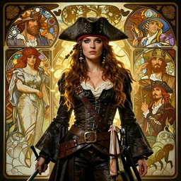 sargent and leyendecker and greg hildebrandt highly detailed portrait of a woman with long hair, pirate queen, stephen bliss, unreal engine, by greg rutkowski, loish, ferdinand knab, ilya kuvshinov, rossdraws, tom bagshaw, alphonse mucha, global illumination, radiant light, detailed and intricate environment