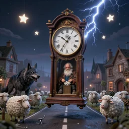 grandfather's clock floating in the sky showing 1 2, evil wolf in town square, sheep on a road with human nails, stars with teeth in the sky, midnight scene, detailed, 3 d, intricate details, gothic, by vincent di fate, artgerm, smooth gradients, octane render, 8 k, volumetric lightning, high contrast, depth of field