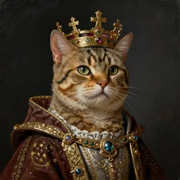an oil painting portrait of a cat wearing medieval royal robe and an ornate crown on a dark background, digital Art, concept Art, highly detailed, 3-D 4K, trending on art station, Award winning, Mark Brooks