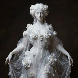 neoclassical art closed detailed portrait of a wonderful sweet expressive symmetrical albino goddess dressed with a majestic semi transparent silk roses long dress, ornate, intricate, detailed, dramatic light, rembrandt style, gregory crewdson light, octane render