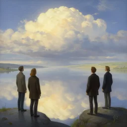 symmetry!! they looked in the distance, heavenly landscape, serene, peace, very detailed, perfect composition, perfect lighting, 4 k, greg rutkowski, derek zabrocki, rene magritte, jacques - laurent agasse, tim white, artgerm