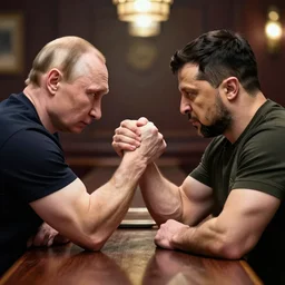 vladimir putin and vladimir zelensky arm wrestling in a bar, photorealistic, highly detailed, detailed faces