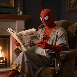 in a cozy dark room, a spider - man dressed in a caftan reads a newspaper and sits on an armchair by the fireplace, realistic light, soft light, focus, depth of field, photorealism, 8 k quality, high quality, realistic style, classicism painting