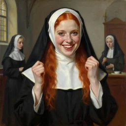a portrait of the daily life of a beaming young provocative redhead nun inside a convent. highly detailed painting. art by artgerm and greg rutkowski