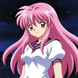 anime girl with eccentric clothes, long spiky pink hair, cel - shading, 2 0 0 1 anime, flcl, jet set radio future, night, night time, entertainment district, japanese city at night, colorful buildings, lines of lights, christmas lights, rollerskaters, cel - shaded, jsrf, strong shadows, vivid hues, y 2 k aesthetic