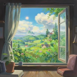 a heavenly dream view from the interior of my cozy house from a Makoto Shinkai oil on canvas inspired pixiv dreamy scenery art majestic fantasy scenery cozy window frame fantasy pixiv scenery art inspired by magical fantasy exterior