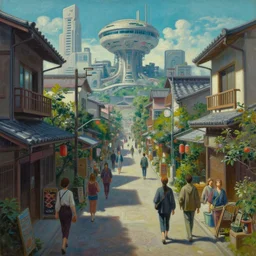 cinematic view of a retro scifi kyoto suburb, people, desaturated, psychedelic, tim hildebrandt, wayne barlowe, bruce pennington, donato giancola, larry elmore, oil on canvas, masterpiece, trending on artstation, featured on pixiv, cinematic composition, dramatic, beautiful lighting, sharp, details, hyper - detailed, hd, hdr, 4 k, 8 k