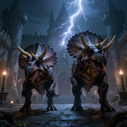 two menacing zombie triceratops on a medieval palace courtyard at night, scary, powerful, high quality, epic, dnd, fantasy art, artstation, dramatic lightning, horror, monstrous