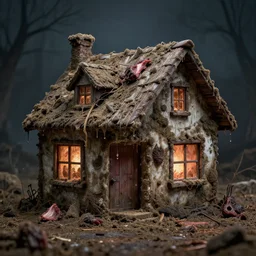 a house made of disgusting dirty filth grime meat at night realistic hyperdetailed photography