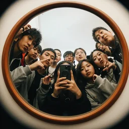 a crowd of people looking in the mirror, first person perspective, fish eye lens