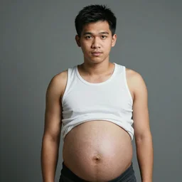A young Thai man in his 20s wearing a tanktop with a big pregnant belly, photographed by Steve McCurry