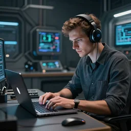 realistic man using laptop in super tech room, artstation trends, concept art, highly detailed, intricate, sharp focus, digital art, 8 k