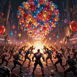 a large-scale battle of Marvel superheroes against DC villains, hundreds of glowing balloons, cinematic light, matte painting, epic, cinematic, matte painting, trending on artstation by Craig