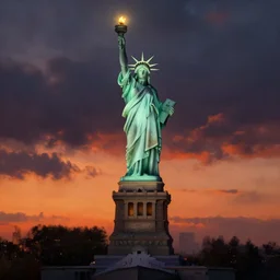 backlight on statue of liberty in post apocalyptic backlit toronto , moody sunset and dramatic sky , oil painting by frazetta, low angle,wide angle, cinemascope panorama