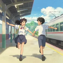 a couple meeting up at a trainstation, running at each other with open arms, in the style of Kimi no Na wa. cgsociety masterpiece, artstation trending, by rossdraws, ghibli, your name, greg rutkowski