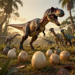 golden hour Jurassic poisonous forest landscape, short focus on eggs of a dinosaur, Les Edwards, Zdzislaw Beksinski, Carl Gustav Carus, John Harris, Michal Karcz, Zhang Kechun, Mikko Lagerstedt, Scott Listfield, Steven Outram, Jessica Rossier