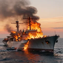 burning sinking aircraft carrier with little boats trying to put out the fire at sunset, hyperdetailed, artstation, cgsociety, 8 k