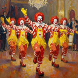 highly detailed painting of a group of ronald mcdonald clowns with red afros, white facepaint, red noses and yellow waltzing gracefully at a prestigious event in the ballroom by william turner, by greg rutkowski, by william constable, thick brush strokes and visible paint layers, 4 k resolution