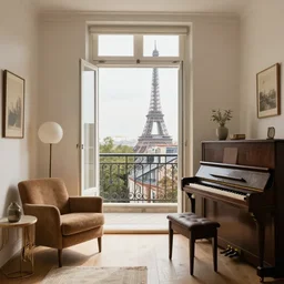 parisian studio apartment with a balcony and eiffel view, decorated with vintage furniture, has an old acoustic piano, has a window on roof, cosy vibes, realistic, octane render