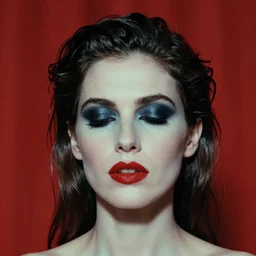 an 8 0's portrait of a woman with dark eye - shadow and red lips with dark slicked back hair dreaming acid - fueled hallucinations by serge lutens, rolf armstrong, delphin enjolras, peter elson, flat surreal psychedelic colors, background of classic red cloth